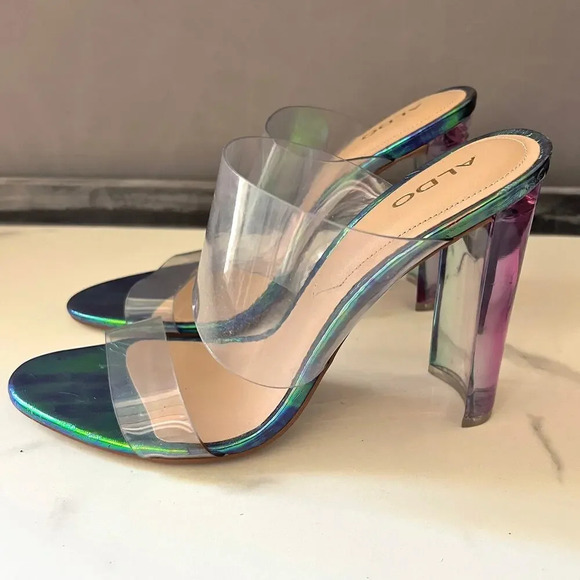 ALDO PVC Clear Double Strap Green Iridescent Mermaid Sandal Heels Size 8.5 - Picture 6 of 11